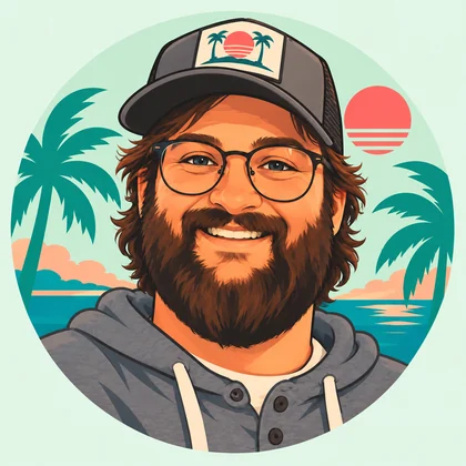 Illustrated portrait of Josh, smiling in a ball cap, round glasses and a full beard, with palm trees and a sunset behind him